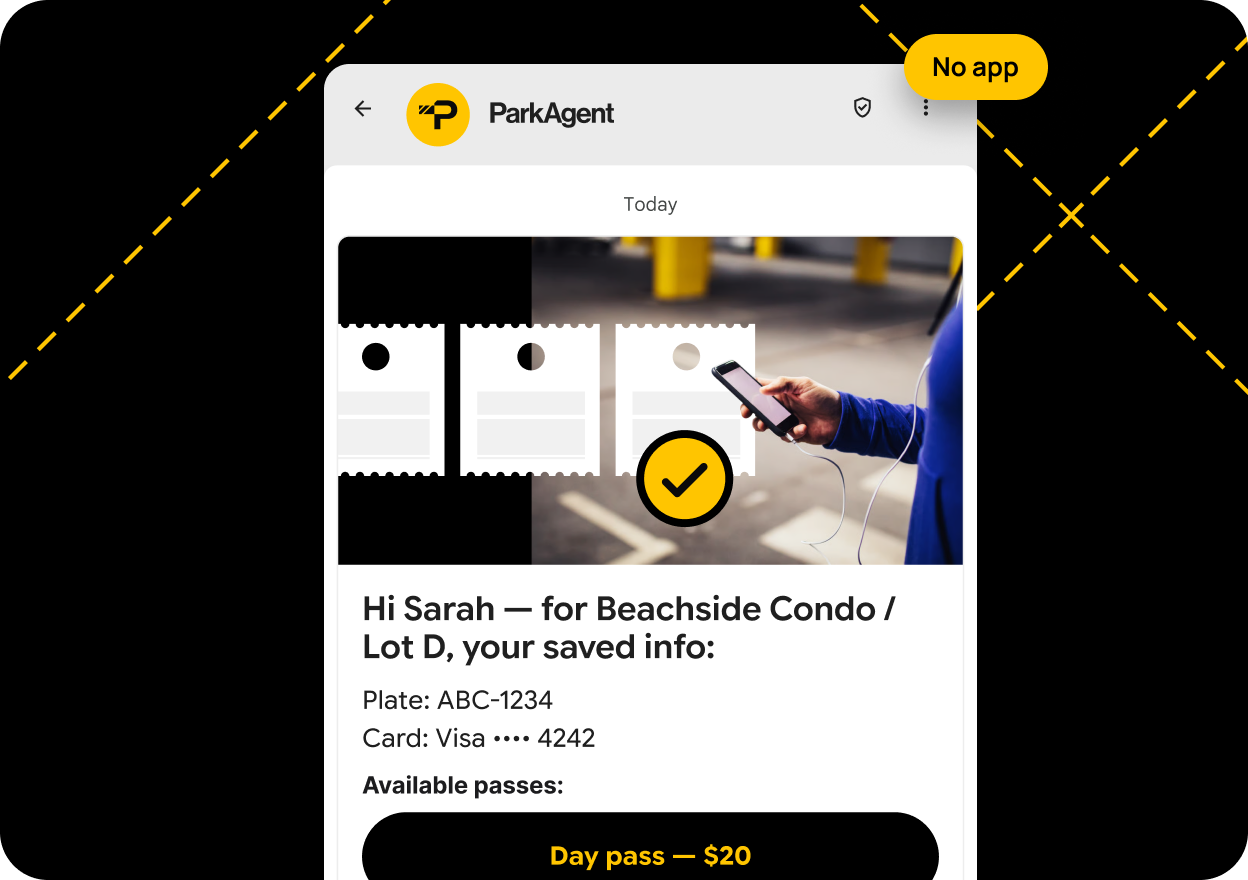 A guest receives a ParkAgent text with their saved plate and available passes, and taps to buy a day pass — no app required.